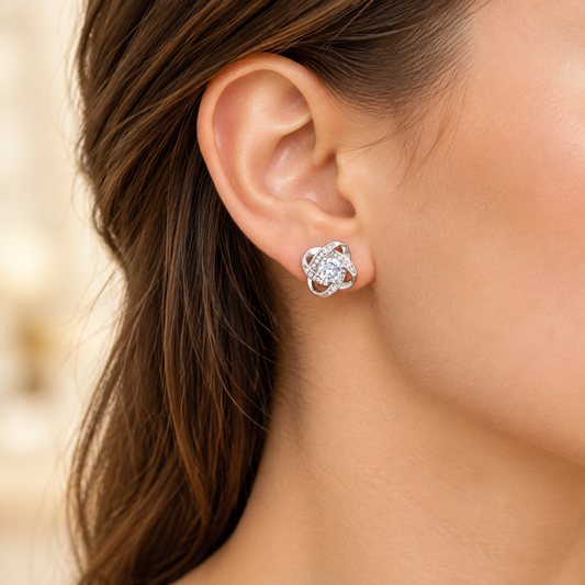 Love Knot Stud Earrings – White Gold Finish