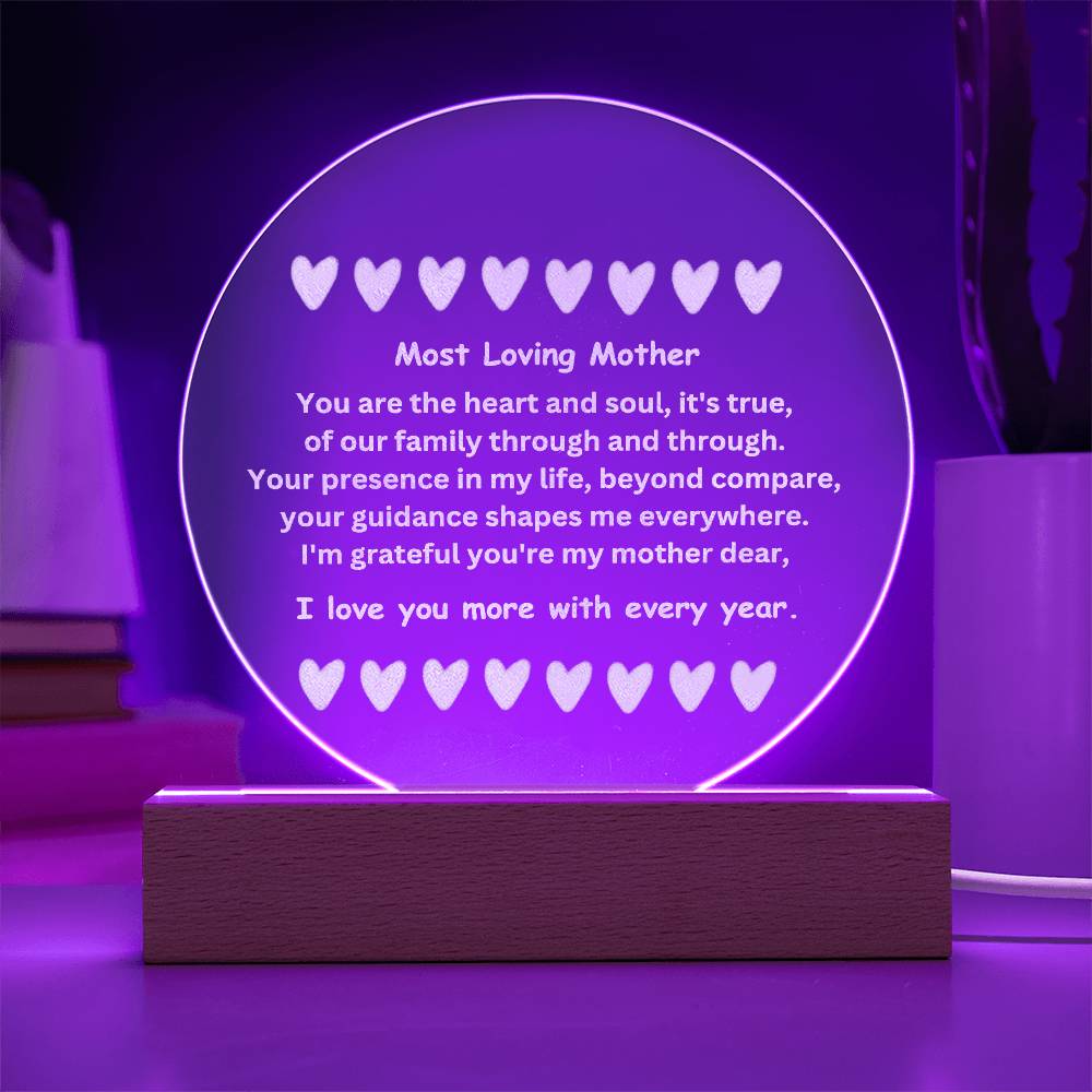 Personalized acrylic plaque with LED light, engraved with a heartfelt message. It is a perfect gift for Mother's Day, birthday, or any occasion.